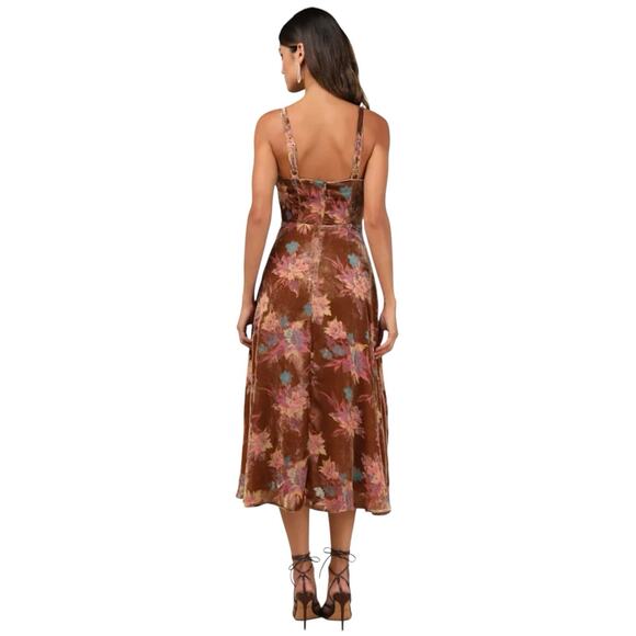 Lulu’s Coveted Grace Brown Burn Out Velvet Midi Dress Size S Floral Bustier - Picture 9 of 15
